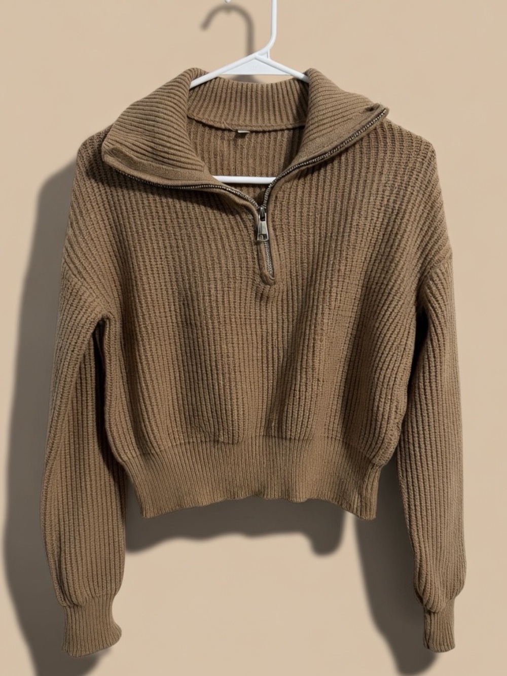 Cropped Ribbed Half-Zip Sweater - Brown